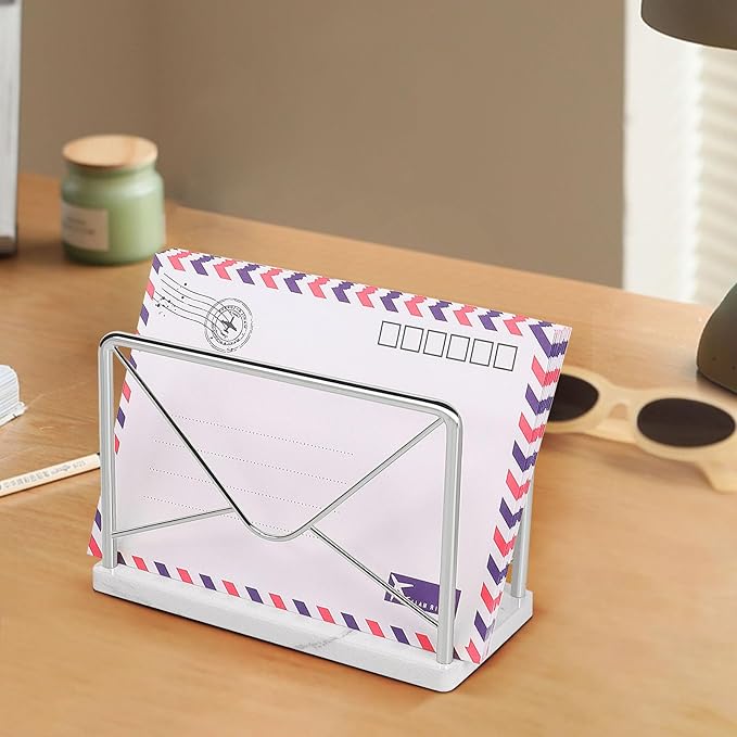 Modern Mail Holder for Home Office, Metal Letter Organizer Sorter for Desk, Cutout Mail Envelope Design, Bill Filling Paper Document Rack, Envelope Storage Rack with Marble Base
