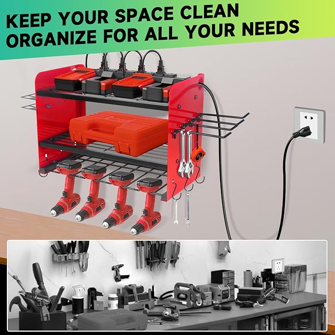 Garden Power Tool Organizer, Heavy Duty Tools Storage Rack Wall Mount with Charging Station, 3 Layers Yard Tool Shelf Drill Holder for Ryobi Tools - Ideal for Garage, Workshop