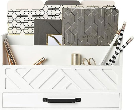 BLU MONACO Mail Organizer Countertop Kitchen – White Wood Desk Storage with Drawer – Mail Sorter or Bill Holder for Desk – Farmhouse Accessories & Mail Basket for Counter-NeatNest