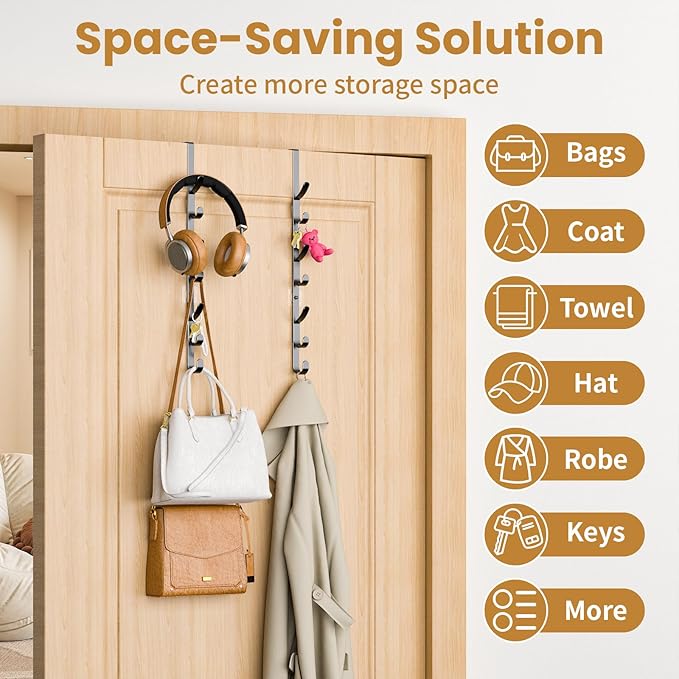 Over The Door Hooks, Metal Door Hooks for Hanging,Door Purse Organizer for Door Coat Hanger, Back of Shower for Hanging Towel Rack Clothes, Hat, Bathroom Bathroom Dorm Bedroom Closet (Black-2Packs)