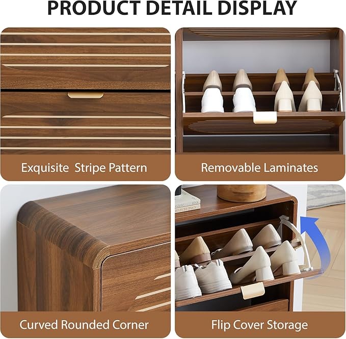 Curved Narrow Shoe Cabinet for Entryway with 4 Flip Drawers, Wooden Shoe Storage Cabinet with Stripe Panel, Freestanding Shoe Organizer Farmhouse Closed Shoe Rack for Hallway, Foyer(Walnut)-NeatNest