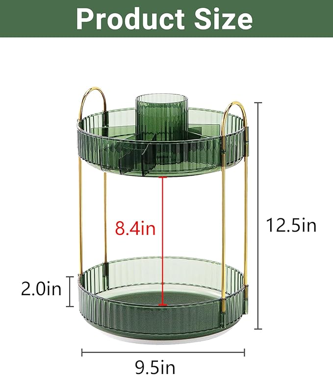 360 Rotating Makeup Organizer,2 Tier Large Capacity Make Up Organizers and Storage,Skincare Perfume Vanity Organizers,Bathroom Cosmetics Storage Organizer Countertop (Green)-NeatNest