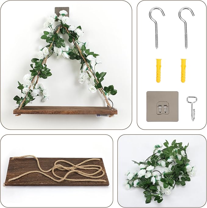 Floating Shelves for Wall,Plant Wall Decor,Hanging Shelf,Cottage Core Decor,Room Decor Aesthetic,Boho Room,Adhesive Shelves,Floating Shelves for No Drilling,Two-Piece Set(White Flower)-NeatNest