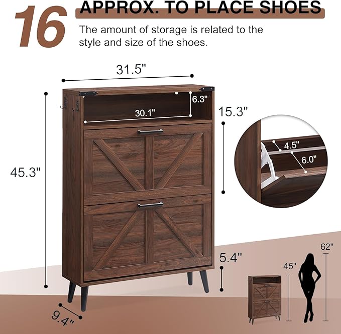 Shoe Storage Cabinet,Farmhouse Shoe Organizer with 2 Flip Drawers & Barn Door Design,Freestanding Hidden Slim Narrow Shoe Rack Cabinet with Open Storage for Entryway, Foyer,Hallway, Walnut-NeatNest