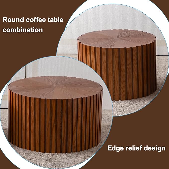 Nesting Coffee Table Set of 2 Wood Circle Drum Coffee Tables Set Contemporary Fluted Coffee Tables for Living Room & Small Space (Dark Wood Grain, 18.9+14.9in)