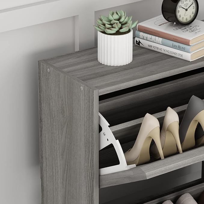Homsee Modern Shoe Storage Cabinet with 3 Flip Drawers & Twill Louver Doors, Wood 3-Tier Shoe Rack Storage Organizer for Entryway, Hallway & Bedroom, Grey (22.4”L x 9.4”W x 42.3”H)-NeatNest