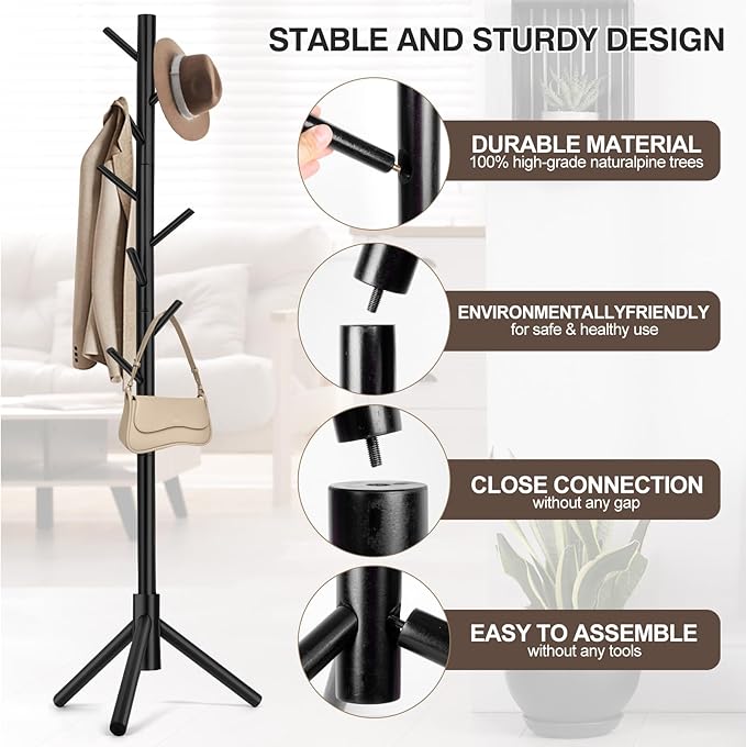 Coat Rack, Freestanding Coat Rack with 8 Hooks and 3 Adjustable Size Tree Coat Racks for Bedroom, Hallway, Entrance, Office, for Hats, Coats, Scarves, Handbags-NeatNest