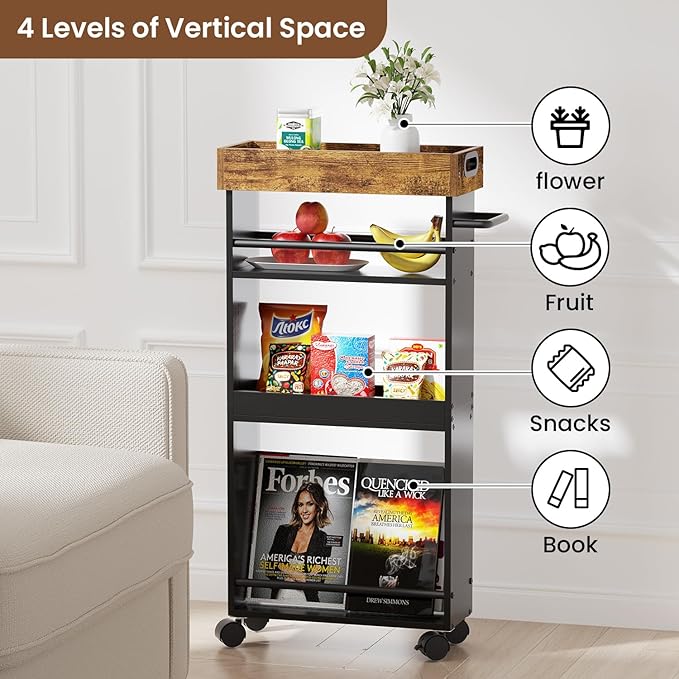 Slim Storage Cart, 4 Tier Bathroom Storage Cart with Pallets, Kitchen Utility Cart, Narrow Rolling Cart with Handle for Small Spaces for Dining Room, Bathroom, Laundry Room