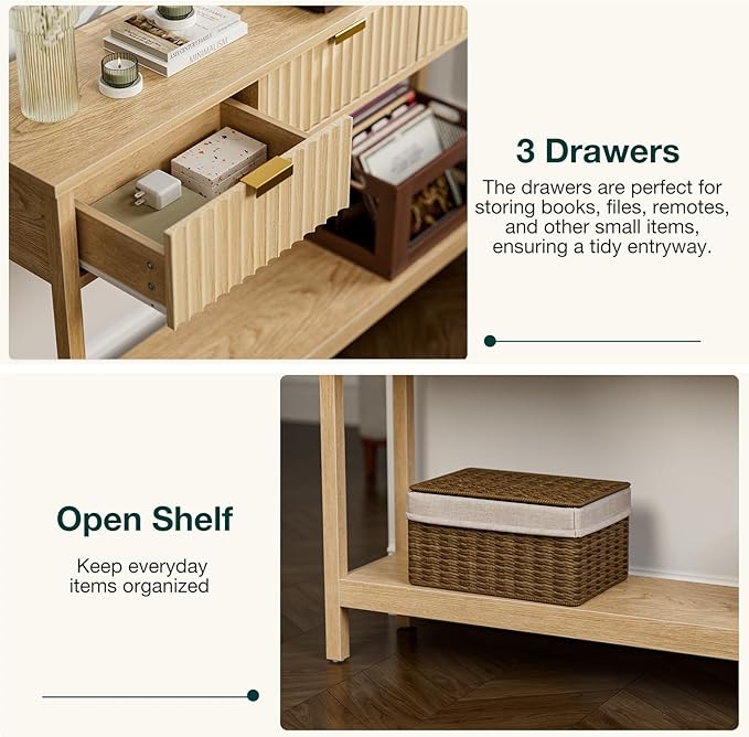 Console Table with Storage, Boho Entryway Table with 3 Fluted Drawers and Shelf, Sofa Table for Living Room, Entryway, Hallway, Natural-NeatNest