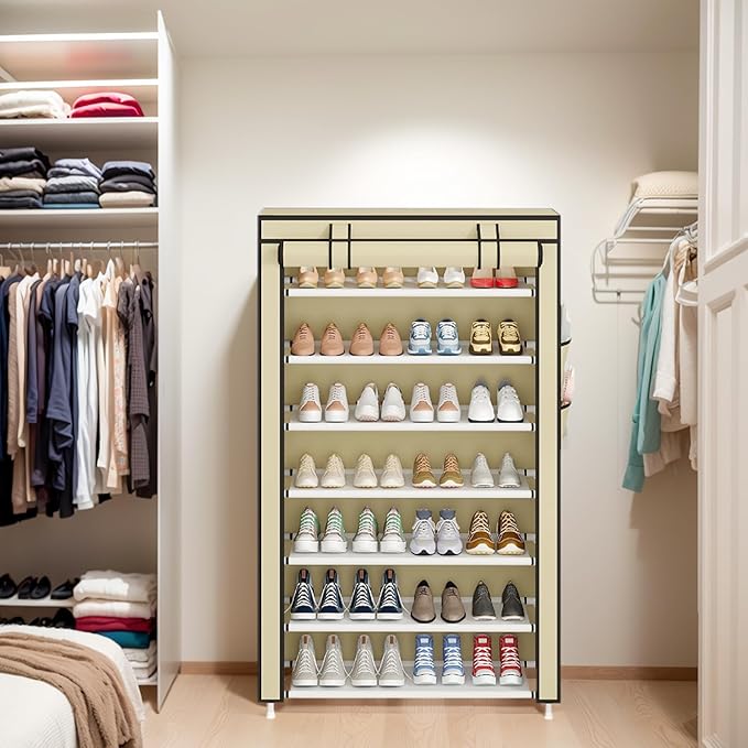 Laiensia 7-Tier Vertical Shoe Rack Organizer, Space Saving Shoe Storage Organizer, Non-Woven Cover Shoe Shelf Holds 28-35 Pairs for Bedroom, Hallway, Closet Entryway, Beige-NeatNest