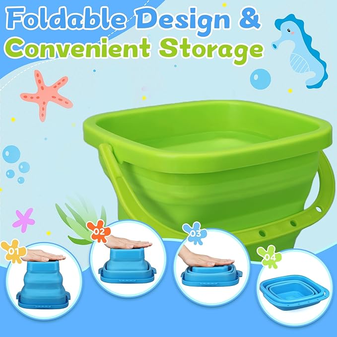 Jumbo Beach Sand Bucket Toy for Kids, 3L Collapsible Sandbox Pail, Easter Buckets, 3 Pack Multi Use Tool for Garden, Planting, Camping, Storage Fishing, Washing, Summer Holiday Travel Birthday Gifts-NeatNest