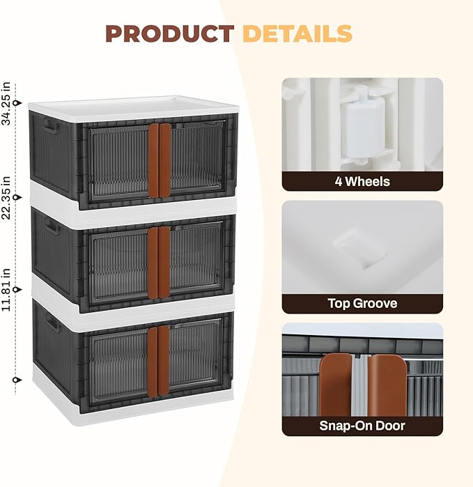 3 Pack 8.4 Gallon Collapsible Storage Boxes, Lidded Storage Box with Door and Wheels for Books, Towels and Clothes, Folding Storage Box for Home, White