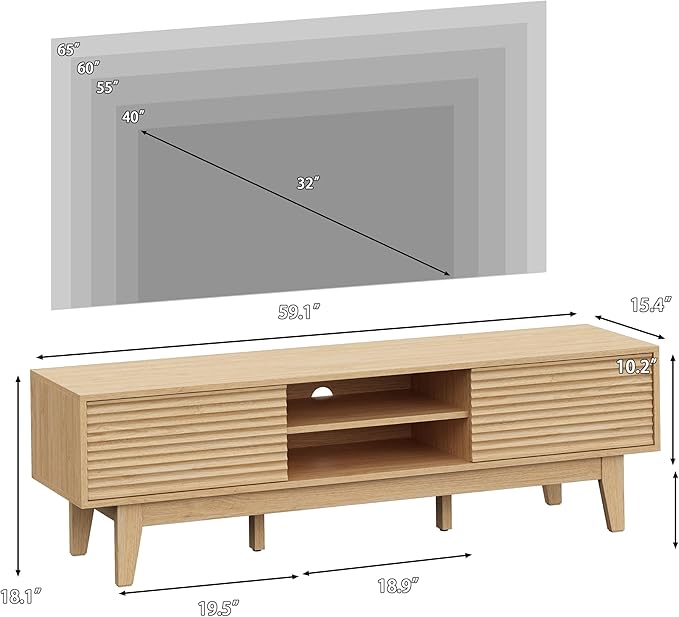Fluted TV Stand for 55 65 Inch TV, Mid Century Modern Entertainment Center with Shelves, Cabinets & Sliding Doors, TV Media Console Table with Wood Feet & Cord Holes for Living Room, Bedroom, Natural-NeatNest
