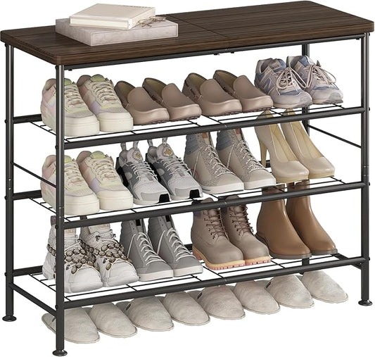 Shoe Rack Organizer 4 Tier for Closet Entryway Free Standing Metal Storage Shoe Shelf with MDF Top Board，Black-NeatNest