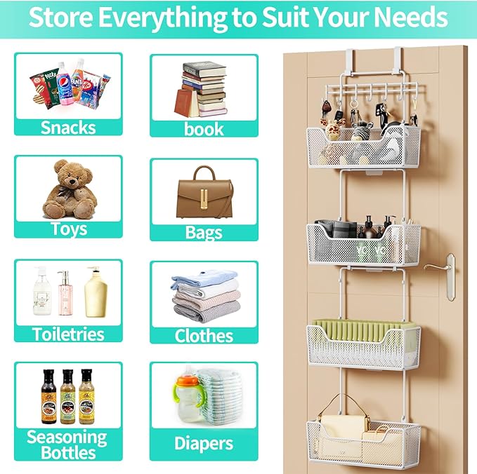 HapiRm Over Door Organizer Storage - Hanging Door Organizer with 4 Metal Large Capacity Baskets and Adjustable Coat Hook for Bathroom Bedroom Kitchen Pantry Closet Cabinet-NeatNest