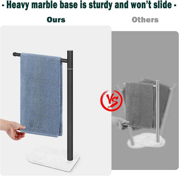 Hand Towel Holder, L-Shape Hand Towel Stand with Marble Base, Stainless Steel Swivel Hand Towel Rack Standing Towel Bar for Bathroom Kitchen Countertop, 1 Arm (Matte Black)