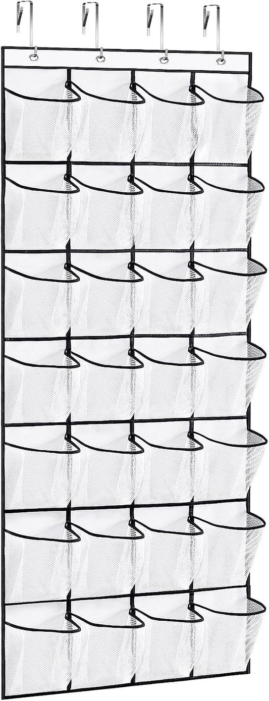 28Large Pockets Over The Door Shoe Organizer, Hanging Shoe Organizer for Closet, Premium Clear Shoe Rack for Door, Shoes Hanger Organizers Storage Holder for Back of Door and 4Metal Hook White-NeatNest