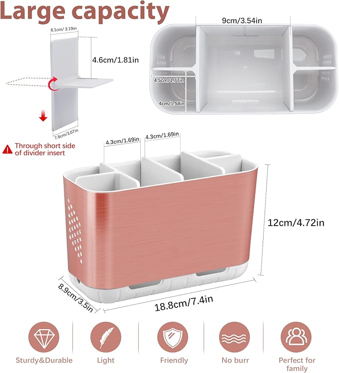 Boperzi Toothbrush Holders for Bathrooms Countertop, Electric Tooth Brush Holder with Adjustable Dividers, Detachable Anti-Slip Large Toothpaste Caddy Organizer Storage for Shower, Family, Kids, Pink-NeatNest