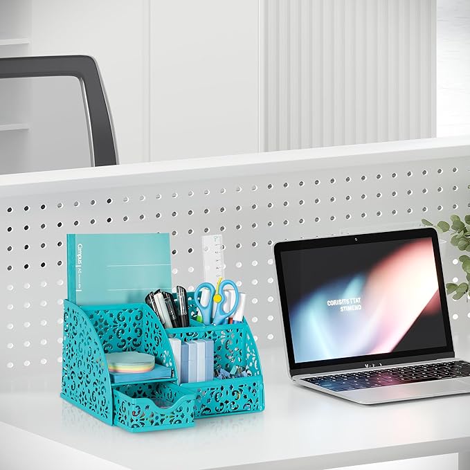 EasyPAG Desk Organizer with Sliding Drawer - 6 Compartments Metal Desktop Caddy, Decorative Elegant Hollow Flower Design, Anti-Scratch Pads for Home, Office, School, Dark Teal-NeatNest