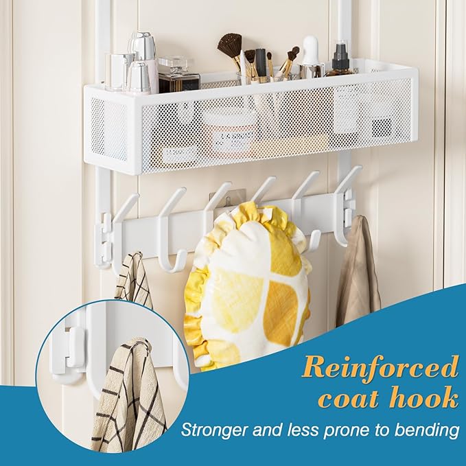 Over The Door Hooks Organizer, Over Door Storage with 12 Coat Hooks and 2 Mesh Basket, Bathroom Door Organizer Towel Rack Back of Door Hanger Organizer for Bedroom, Kitchen(White)