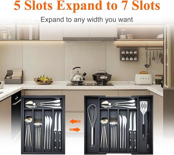 Expandable Bamboo Kitchen Drawer Organizer Utensil Tray Black Wood Silverware Organizer Adjustable Wooden Cutlery Tray for Fork Spoon Organizer Large Cooking Utensil Holder Drawer Flatware Organizer-NeatNest