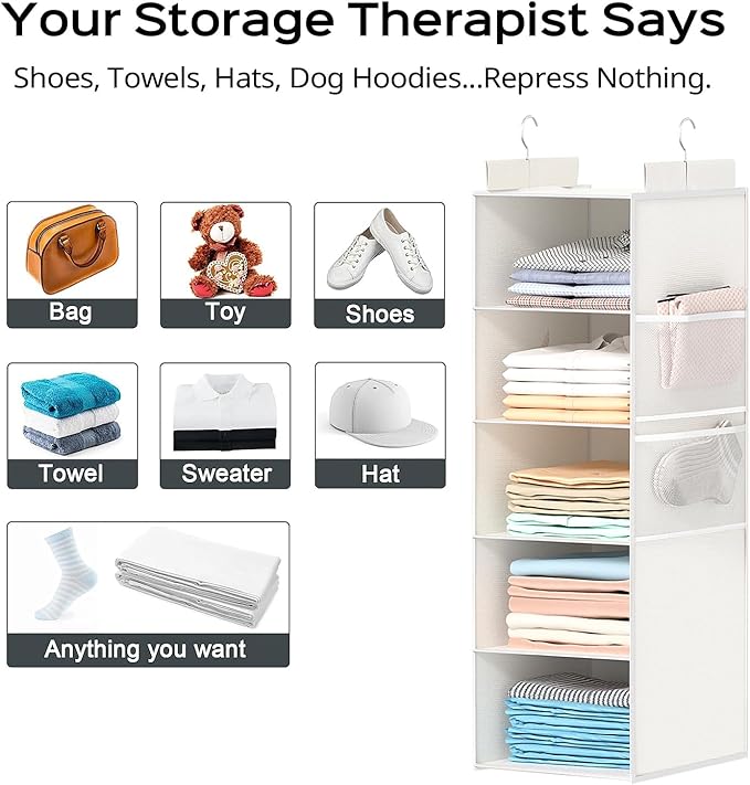 Extra Deep Hanging Closet Organizer with Shelves and Oversized Mesh Pockets, Heavy-Duty Structure, No Deformation, Max Storage for Clothes, Shoes, Hats, Dorms and RVs,1-Pack (White, 5 Tier)-NeatNest