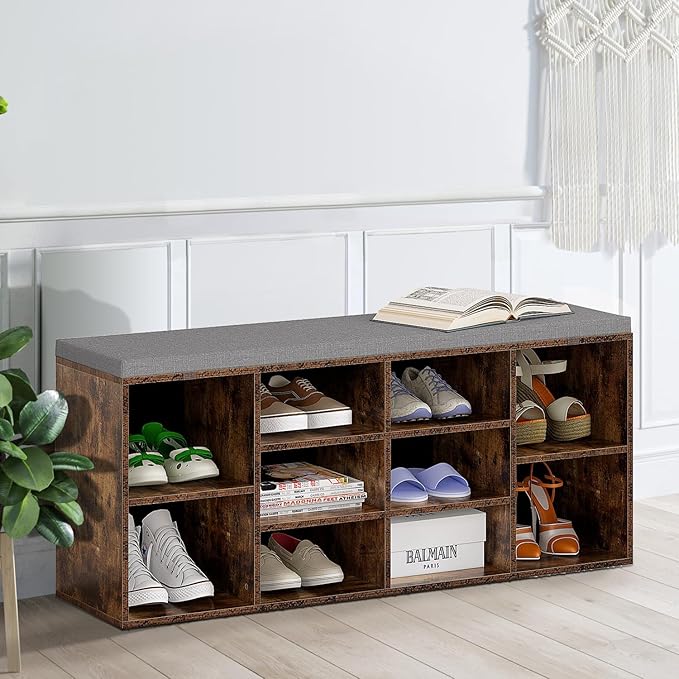 Shoe Storage Bench, Entryway Bench with Storage, 3-Tier Shoe Rack Bench 10 Cubbies Adjustable Shelves Shoe Organizer Shelf for Hallway Front Door Living Room Bedroom