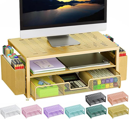 gianotter Desk Organizers and Accessories, Monitor Stand with Drawer and 2 Pen Holder, Desktop Organizer Suitable for Offices and Dormitories (Gold)-NeatNest