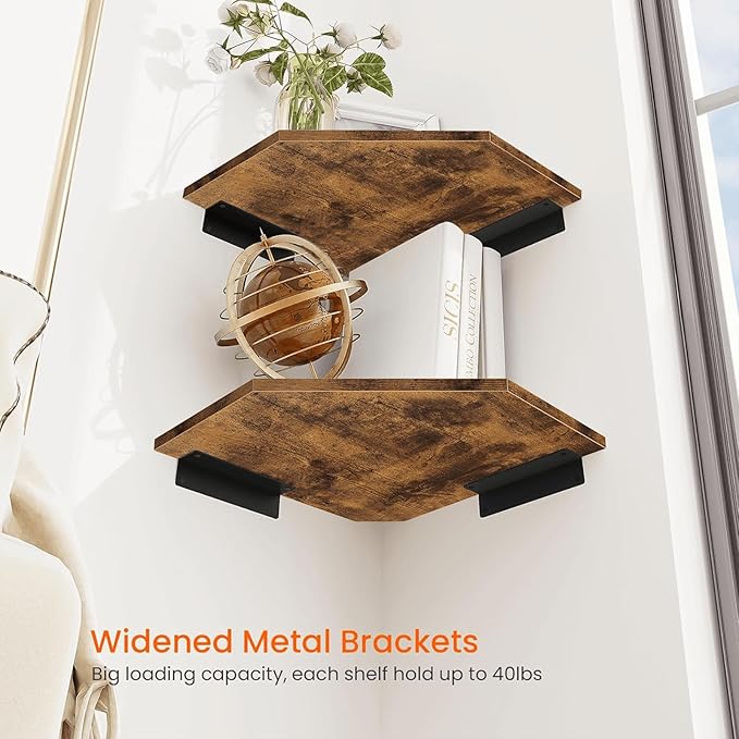 Homode Corner Shelf Wall Mount, Set of 2 Floating Corner Shelf Organizer for TV Accessories, Speaker, Cable Box, Game Console, Storage for Bathroom Kitchen Living Room Bedroom, Rustic Brown-NeatNest