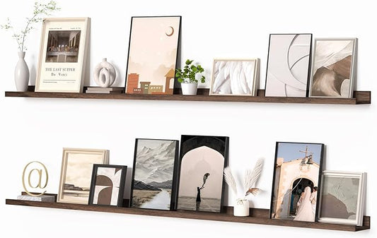 Heimlove Picture Ledge Shelf, Floating Shelves Set of 2, 72 Inches Long Large Picture Shelf for Wall with Ledge, Kids Bookshelf Wall Mounted for Living Room Bedroom Decor Books Photo Frames, Walnut-NeatNest