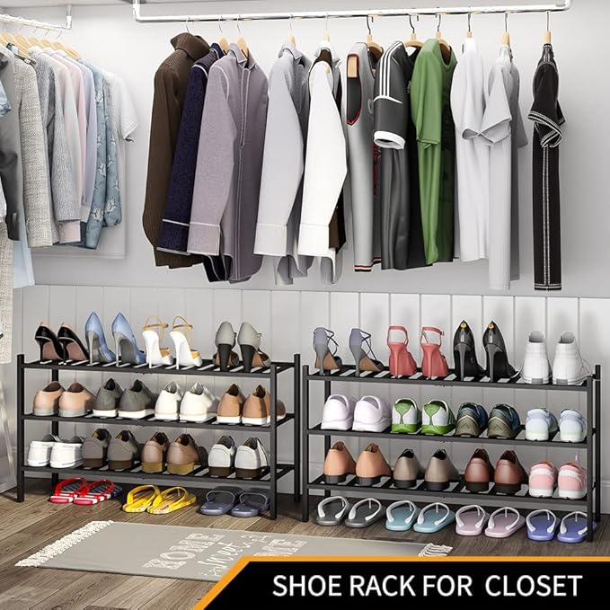Long Shoe Rack, 3-Tier Bamboo Stackable Shoe Shelf Storage Organizer, Shoe Stand for Closet, Entryway and Hallway-NeatNest