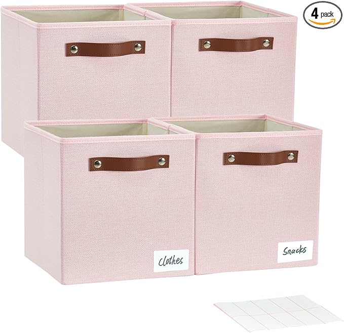 Collapsible Fabric Storage Cube Bins with 2 Reinforced PU Handles, Foldable Storage Organizer Baskets for Closet, Shelves, Living Room | 11"x11"x11", 4 Pack, Full Pink-NeatNest