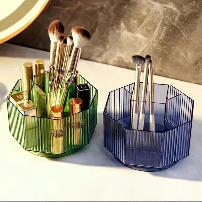 LINFIDITE 360°Rotating Makeup Organizer Holder Cosmetic Display Case Clear Makeup Brush Lip Gloss Organizer Case with 5 Slots Round Turntable Storage Tray for Vanity, Bathroom, Counter Organizer Green-NeatNest