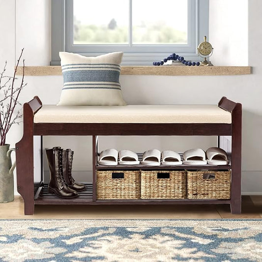 Nnewvante Large Shoe Bench Rack Shoe Organizer with Storage Side Basket Drawer Bamboo Removable Padded Cushion Seat for Entryway Hallway Living Room Bathroom-37.4in