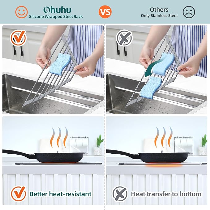 Ohuhu Triangle Roll Up Dish Drying Rack, Anti-Slip Organizer for Kitchen Sink Drying Rack with Full Silicone Wrapped for Top of Sink Coner Grey