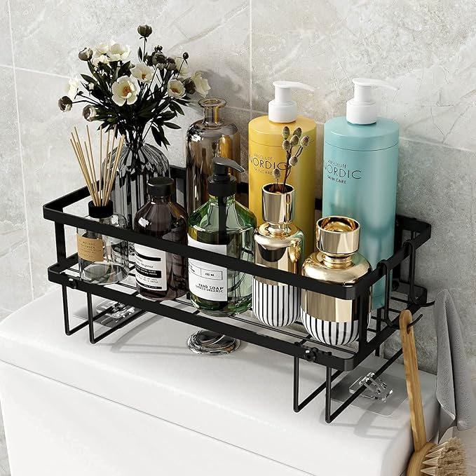 Godboat Bathroom Organizer - Over Toilet Storage, Floating Shelves with 2 Hooks, Wall Mounted Shelf Rack, Behind and Above The Tank, Gifts for Women (Black, 1-Tier)-NeatNest