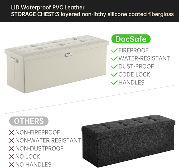 DocSafe Storage Ottoman Bench,Fireproof＆Waterproof Folding Bench with Lock(15”x 43”x15”),Leather Storage Chest with Handles＆2 Extra Boxes,Ottoman Safe for Bedroom,Living Room,Home Office,Beige-NeatNest