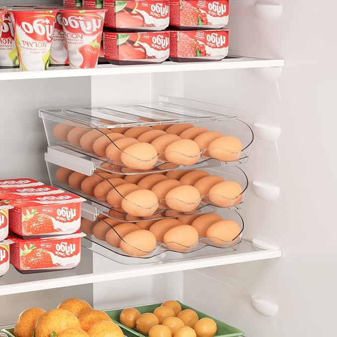 Egg Holder for Fridge 16 Capacity Automatic Rolling Egg Organizer for Refrigerator, Clear Stackable Container for Kitchen or Pantry Storage 1 Pack