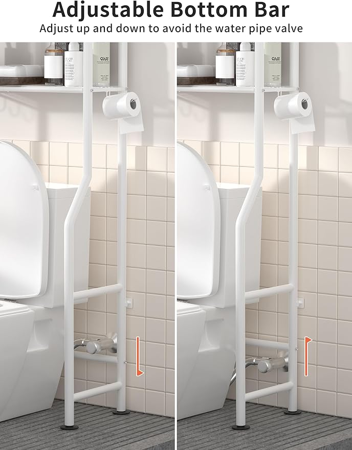 3-Tier Over The Toilet Storage, Freestanding Metal Bathroom Shelves with 4 Hooks, Over Toilet Storage Shelf with Paper Holder, Above The Toilet Shelf for Bathroom Storage, White-NeatNest