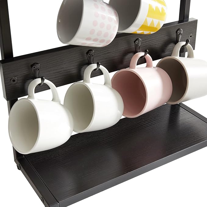 IBUYKE Rustic Coffee Mug Holder Stand, 2 Tier Countertop Mug Tree Holder Rack with Storage Base, Vintage Mug Holders for Kitchen, Holds 8 Mugs, Black UTBJ002B-NeatNest