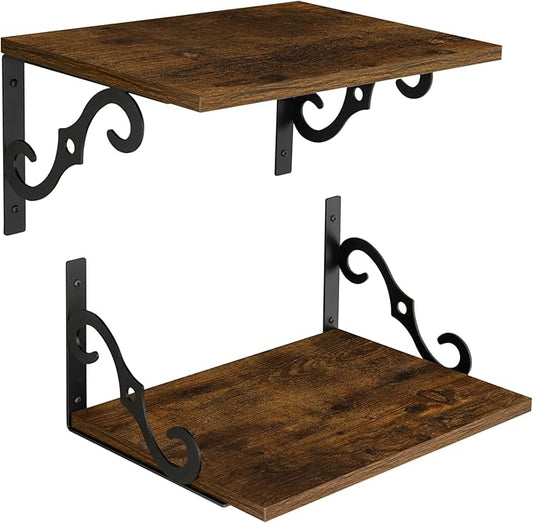 DINZI LVJ Deep Floating Shelves, 16" W x 12" D Wall Shelves Set of 2, Wide Display Shelf Wall Mounted with Brackets, Easy-to-Install Wall Bookshelf for Living Room, Bathroom, Bedroom, Rustic Brown-NeatNest