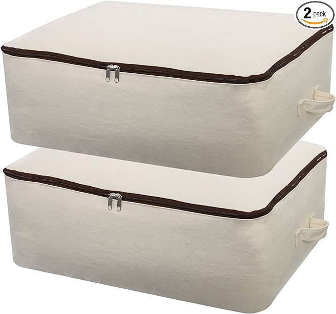 2PCS Canvas Storage Bag, 12OZ Thick Soft Breathable Closet Organizer for Beddings, Comforters, Pillows, Blankets, Clothes, 25.6×18.5×8.7inch, Beige-NeatNest
