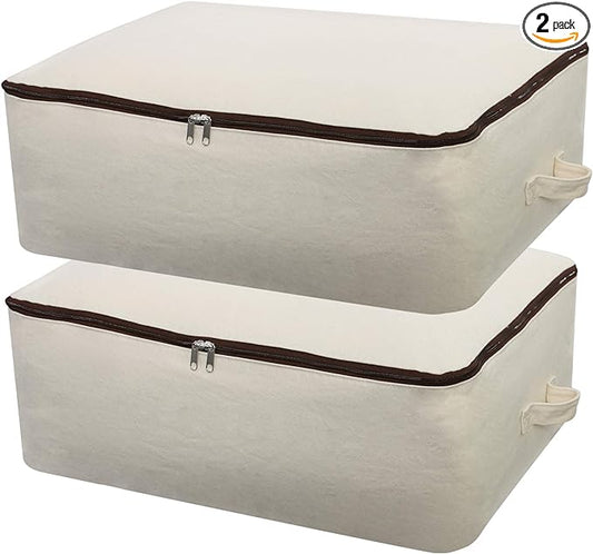 2PCS Canvas Storage Bag, 12OZ Thick Soft Breathable Closet Organizer for Beddings, Comforters, Pillows, Blankets, Clothes, 25.6×18.5×8.7inch, Beige-NeatNest