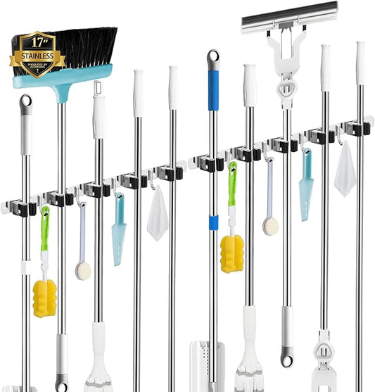 2 Pack Mop and Broom Holder Wall Mount, 5 Racks and 4 Hooks Broom Organizer Storage Tool Racks Stainless Steel Heavy Duty Hooks Self Adhesive Solid Non-slip for Home Kitchen Garden Laundry Garage-NeatNest