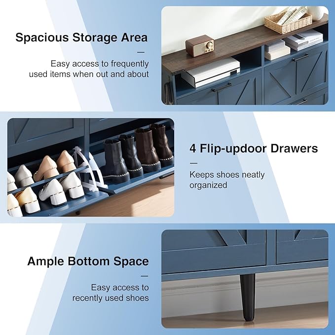 Shoe Storage Cabinet,Farmhouse Shoe Organizer with 4 Flip Drawers & Barn Door Design,Freestanding Hidden Slim Narrow Shoe Rack Cabinet with Open Shelves for Entryway,Foyer,Hallway,Blue-NeatNest