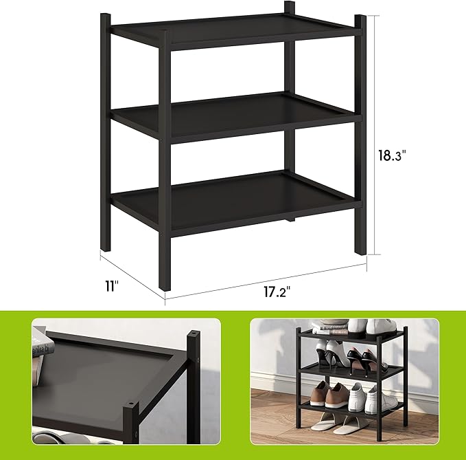 BMOSU 3-Tier Bamboo Small Shoe Rack Premium Stackable Shoe Shelf Storage Organizer for Hallway Closet Living Room Entryway Organizer(Black)-NeatNest