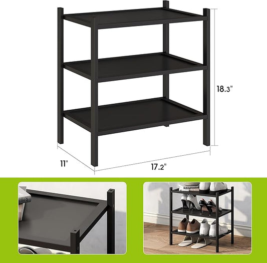 BMOSU 3-Tier Bamboo Small Shoe Rack Premium Stackable Shoe Shelf Storage Organizer for Hallway Closet Living Room Entryway Organizer(Black)-NeatNest