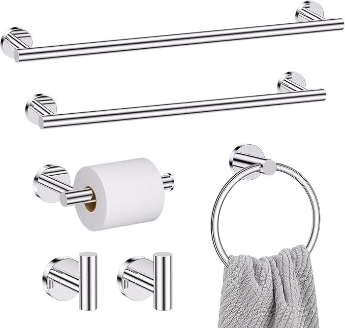 Chrome Bathroom Hardware Set, 6 Pieces Towel Bar Towel Holder Set Includes 19.68/23.6in Towel Bar, Toilet Paper Holder,Towel Ring and Towel Hook Wall Mount Bathroom Accessories Set-NeatNest