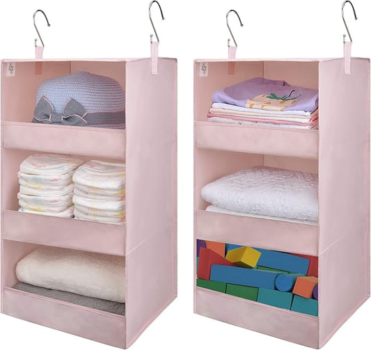 GRANNY SAYS 3 Shelf Hanging Closet Organizers and Storage, Collapsible Closet Storage Organizer with 2 Metal Hooks, Leak-Proof Hanging Shelves for Kids Clothes, Baby Towels, 2 Pack, Pink-NeatNest