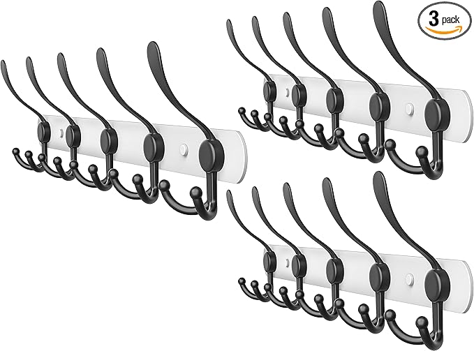 Coat Rack Wall Mount with 5 Tri Hooks, Stainless Steel 16 Inch – White & Black Matte Finish, Heavy Duty Wall Mounted Hook Rack for Coats, Hats, Towels, Scarfs, Robes, Bags, Entryway & Bathroom, 3 Pack-NeatNest